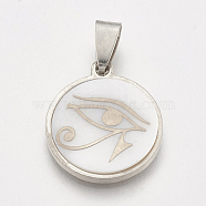 201 Stainless Steel Pendants, with Shell, Flat Round with Egyptian Eye of Ra/Re, Stainless Steel Color, 23x20x3~4mm, Hole: 3x6mm(X-STAS-T038-29)