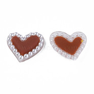 Acrylic Cabochons, with ABS Plastic Imitation Pearl Beads, Heart, Saddle Brown, 21x24x5.5mm(KY-N015-131D)