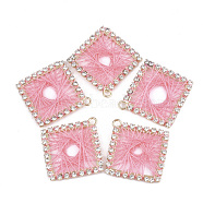 Brass Rhinestone Pendants, with Polyester Thread, Rhombus, Light Gold, Crystal, Hot Pink, 33.5~34x32.5~33x2mm, Hole: 2mm(FIND-T044-18E)