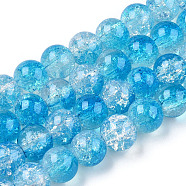 Transparent Crackle Baking Painted Glass Beads Strands, Imitation Opalite, Round, Deep Sky Blue, 8.5x7.5mm, Hole: 1.5mm, about 107~109pcs/strand, 30.71 inch~31.30 inch(78~79.5cm)(X1-DGLA-T003-01A-05)