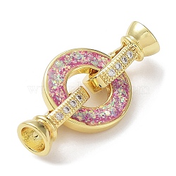 Rack Plating Brass Micro Pave Clear Cubic Zirconia Fold Over Ring Clasps, with Resin Imitation Opal, Cadmium Free & Lead Free, Real 18K Gold Plated, Long-Lasting Plated, Camellia, 30mm(KK-F858-08G-02)