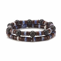 2Pcs 2 Style Natural Coconut & Blue Spot Jasper & Lava Rock Beaded Stretch Bracelets Set, Essential Oil Gemstone Jewelry for Women, Black, Inner Diameter: 2-3/8~2-1/2 inch(6~6.2cm), 1Pc/style(BJEW-JB07944)