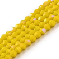 Opaque Solid Color Imitation Jade Glass Beads Strands, AB Color Plated, Faceted, Bicone, Yellow, 4x4mm, Hole: 0.8mm, about 87~98pcs/strand, 12.76~14.61 inch(32.4~37.1cm)(GLAA-F029-P4mm-D05)