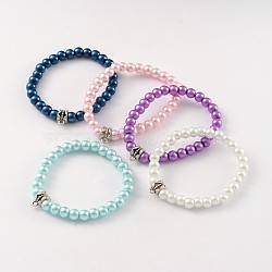 Round Glass Pearl Beaded Stretch Bracelets, with Tibetan Style Alloy Tube Bails, Antique Silver, Mixed Color, 48mm(BJEW-JB02169)
