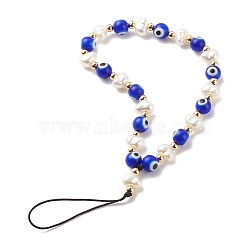 Handmade Evil Eye Lampwork Mobile Straps, with ABS Plastic Imitation Pearl Beads and Brass Beads & Nylon Thread, Blue, 18cm(HJEW-JM00690)