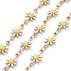 Ion Plating(IP) 304 Stainless Steel Handmade Beaded Chain, with Enamel, with Spool, Soldered, Real 18K Gold Plated, Flower, White, 13x7.5x2mm, about 16.40 Feet(5m)/Roll(CHS-K019-06G-02)