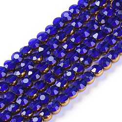 Electroplate Glass Beads Strands, Full Plated, Faceted, Flat Round, Dark Blue, 4x4.5x3.5mm, Hole: 0.8mm, about 74pcs/strand, 11.73''(29.8cm)(EGLA-Q128-02A-FP01)