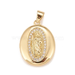 Brass Micro Pave Cubic Zirconia Locket Pendants, Photo Frame Charms for Necklaces, Real 18K Gold Plated, Lead Free & Cadmium Free, Oval with Saint, Clear, 22.5x17x5mm, Hole: 4x3mm, Inner Diameter: 15x12mm(KK-A161-48G)