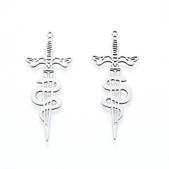 201 Stainless Steel Big Pendants, Laser Cut, Sword with Snake, Stainless Steel Color, 54.5x21x1mm, Hole: 1.6mm