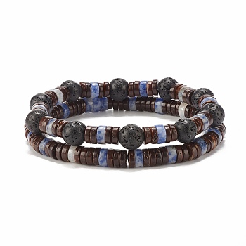 2Pcs 2 Style Natural Coconut & Blue Spot Jasper & Lava Rock Beaded Stretch Bracelets Set, Essential Oil Gemstone Jewelry for Women, Black, Inner Diameter: 2-3/8~2-1/2 inch(6~6.2cm), 1Pc/style
