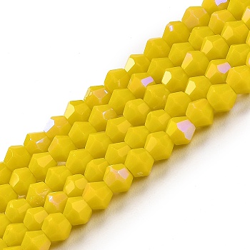 Opaque Solid Color Imitation Jade Glass Beads Strands, AB Color Plated, Faceted, Bicone, Yellow, 4x4mm, Hole: 0.8mm, about 87~98pcs/strand, 12.76~14.61 inch(32.4~37.1cm)