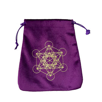 Velvet Tarot Cards Storage Drawstring Bags, Tarot Desk Storage Holder, Purple, Metatron Cube, Chakra Theme, 16.5x15cm