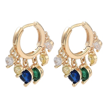 Real 18K Gold Plated Brass Dangle Hoop Earrings, with Glass, Green, 20.5x18.5mm