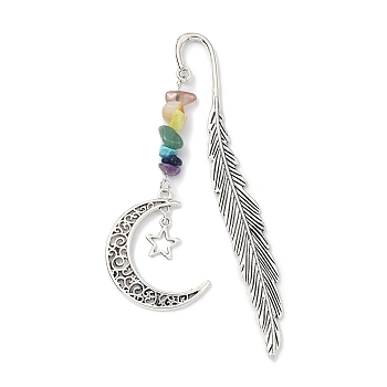 Alloy Feather Bookmark with Moon & Star, Gemstone Chip Beaded Pendant Bookmark, Antique Silver, 182mm