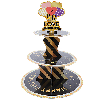 Heart Pattern Paper 3-Tier Round Cupcake Stand, for Birthday Special Event Decoration, Black, 300x380mm