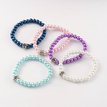 Round Glass Pearl Beaded Stretch Bracelets, with Tibetan Style Alloy Tube Bails, Antique Silver, Mixed Color, 48mm