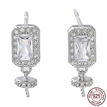 Rhodium Plated 925 Sterling Silver with Clear Cubic Zirconia Stud Earring Findings, for Half Drilled Pearl Beads, with S925 Stamp, Rectangle, Real Platinum Plated, 14.5x5.5mm, Pin: 0.7mm