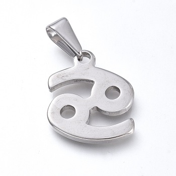 304 Stainless Steel Pendants, Constellation/Zodiac Sign, Stainless Steel Color, Cancer, 19x18x1.8mm, Hole: 3x6mm