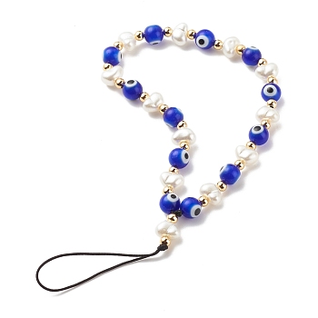 Handmade Evil Eye Lampwork Mobile Straps, with ABS Plastic Imitation Pearl Beads and Brass Beads & Nylon Thread, Blue, 18cm