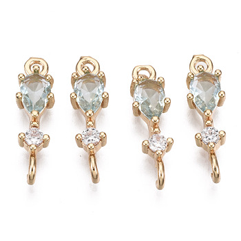 Brass Micro Pave Cubic Zirconia Links Connectors, with Glass, Long-Lasting Plated, Light Gold, Teardrop, Light Cyan, 17x5x3.5mm, Hole: 1.5mm
