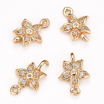 Brass Micro Pave Clear Cubic Zirconia Charms, Long-Lasting Plated, Flower, Real 14K Gold Plated, 11x7.5x2mm, Hole: 1mm