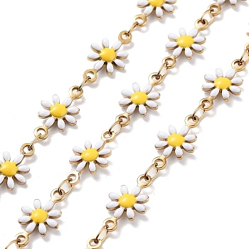 304 Stainless Steel Handmade Beaded Chain, with Enamel, with Spool, Soldered, Real 18K Gold Plated, Flower, White, 13x7.5x2mm, about 16.40 Feet(5m)/Roll