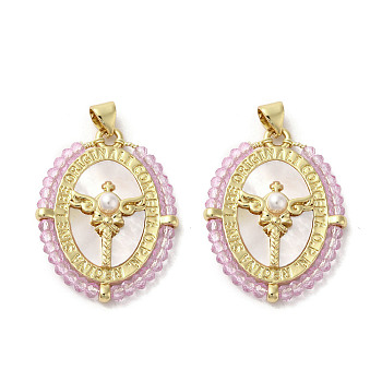 Brass Pave Shell Pendants, Oval Charms with Glass Beads Wrapped and ABS Imitation Pearl Beads, Real 18K Gold Plated, Pink, 31~32x23.5x4.5mm, Hole: 3.5x4.5mm
