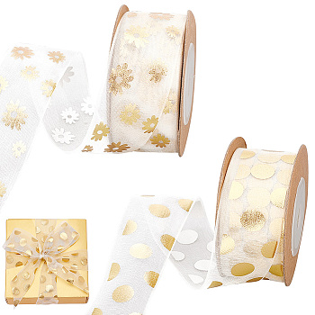 Elite 2 Rolls 2 Styles Printed Organza Ribbons, for Gift Wrapping, Valentine's Day, Wedding, Birthday Party Decorate, Hot Stamping Flower & Polka Dot Pattern, Gold, 1 inch(25mm), about 10.9yards(10m)/roll, 1 roll/style