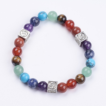 Natural Gemstone Beaded Stretch Bracelets, with Alloy Findings, Chakra Jewelry, Cube with Om Symbol, Antique Silver, 2-1/8 inch(53mm)