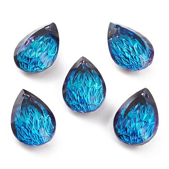Embossed Glass Rhinestone Pendants, Teardrop, Faceted, Bermuda Blue, 14x9x5mm, Hole: 1.4mm