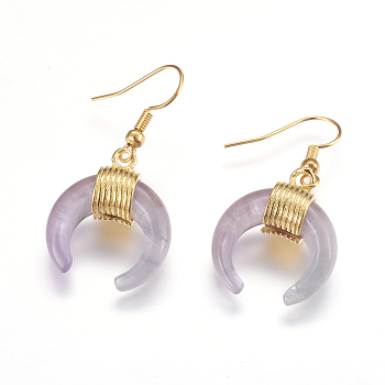 Natural Amethyst Dangle Earrings, with Brass Findings, Double Horn Shaped/Crescent Moon, Golden, 41mm, Pin: 0.5mm, Pendant: 23x20x9mm