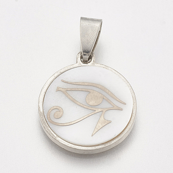 201 Stainless Steel Pendants, with Shell, Flat Round with Egyptian Eye of Ra/Re, Stainless Steel Color, 23x20x3~4mm, Hole: 3x6mm