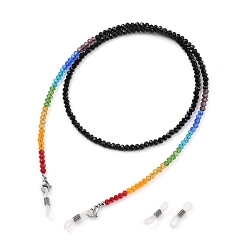 Chakra Eyeglasses Chains, Neck Strap for Eyeglasses, with Faceted Rondelle Transparent Glass Beads and 304 Stainless Steel Lobster Claw Clasps, Black, 27.95 inch(71cm)
