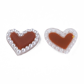 Acrylic Cabochons, with ABS Plastic Imitation Pearl Beads, Heart, Saddle Brown, 21x24x5.5mm
