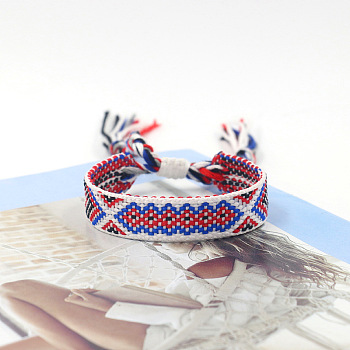 Polyester Braided Rhombus Pattern Cord Bracelet, Ethnic Tribal Adjustable Brazilian Bracelet for Women, White, 5-7/8 inch(15cm)