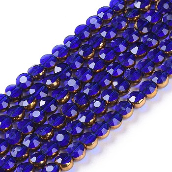 Electroplate Glass Beads Strands, Full Plated, Faceted, Flat Round, Dark Blue, 4x4.5x3.5mm, Hole: 0.8mm, about 74pcs/strand, 11.73''(29.8cm)