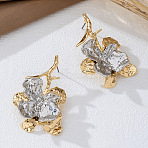 Valentine's Day Alloy Stud Earrings, Two Tone Hammered Flower, Platinum & Golden, 51x32mm(WG4EF4F-01)