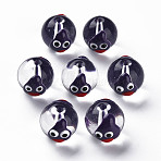 Transparent Glass Enamel Beads, Hand Painted Beads, Round with Cartoon, Indigo, 13.5~14x12~12.5x11.5mm, Hole: 1.6~2mm(GLAA-N049-004)
