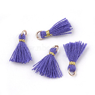 Polycotton(Polyester Cotton) Tassel Pendant Decorations, Mini Tassel, with Iron Findings and Metallic Cord, Light Gold, Medium Purple, 10~15x2~3mm, Hole: 1.5mm(FIND-S281-06)