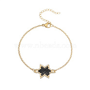 Glass Seed Beaded Star Link Bracelet with Golden Stainless Steel Cable Chains, Black, 7-7/8 inch(20cm)(NK2955-2)