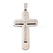 304 Stainless Steel Rhinestone Big Pendants, Cross Charm, Stainless Steel Color, 59x33.5x4mm, Hole: 7.6x4.5mm(STAS-Z080-14P)