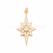 Brass Micro Pave Clear Cubic Zirconia Pendants, with Enamel and Jump Ring, Cadmium Free & Nickel Free & Lead Free, Star, Real 16K Gold Plated, White, 34.5x18x4mm, Jump Ring: 4.5x0.8mm, 2.9mm inner diameter(X-ZIRC-S067-071G-NR)