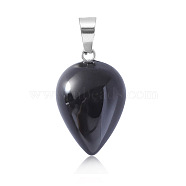 Natural Black Agate Pendants, Teardrop Charms with Platinum Plated Metal Snap on Bails, 26x16mm(WG38027-10)