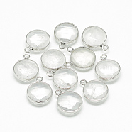Natural Quartz Crystal Pendants, Rock Crystal Pendants, with Brass Findings, Faceted, Flat Round, Platinum, Clear, 19~21x15~16x6~7mm, Hole: 2mm(G-Q964-05P)