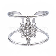 304 Stainless Steel Star Open Cuff Ring with Rhinestone, Hollow Chunky Ring for Women, Stainless Steel Color, US Size 7 3/4(17.9mm)(RJEW-T023-89P)
