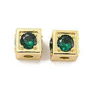 Brass Micro Pave Green Cubic Zirconia Beads, Cube, Real 18K Gold Plated, 6x6x6mm, Hole: 2.5mm(KK-B096-20G)