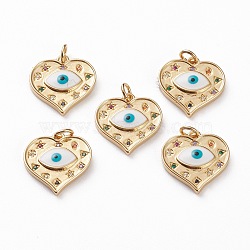 Brass Micro Pave Mixed Color Cubic Zirconia Findings Pendants, with Enamel & Jump Rings, Heart with Evil Eye, Real 18K Gold Plated, 16x16x3mm, Jump Ring: 5x1mm, 3mm Inner Diameter(KK-C100-07G)