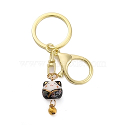 Fortune Cat Porcelain Pendant Keychain, with Iron Keychain Ring and Alloy Lobster Claw Clasps, Black, 8.5cm(KEYC-G064-03C)