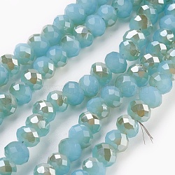 Electroplate Glass Beads Strands, Imitation Jade Glass, Half Rainbow Plated, Faceted, Rondelle, Medium Turquoise, 6x4~5mm, Hole: 0.8~1mm, about 88~92pcs/strand, 15.5 inch~16 inch(39~45cm)(GLAA-K027-HR-C01)
