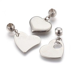 304 Stainless Steel European Dangle Charms Sets, Large Hole Beads, Heart, Stainless Steel Color, 26~29mm, Pendant: 15~18x17~20x0.5~3mm, Hole: 4mm, 3pcs/set(PALLOY-JF00364)